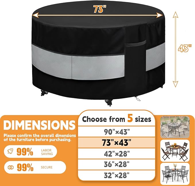 Round Patio Bar Height Table and Chair Cover Black Grey Waterproof Up to 10000pa for 73 x 43 Inch Outdoor Round Furniture Set Covers Patio Set Covers