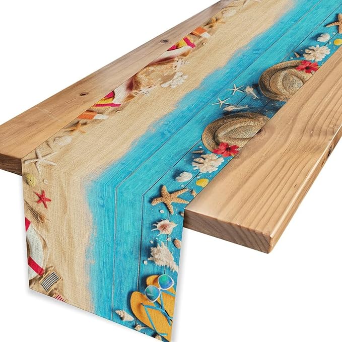 Summer Coastal Table Runner, Nautical Starfish Beach Seashell Ocean Retro Wooden Plank Seasonal Coffee Table Center Decor for Home Kitchen Dining Patio Holiday Party Table Decorations 13"x90"