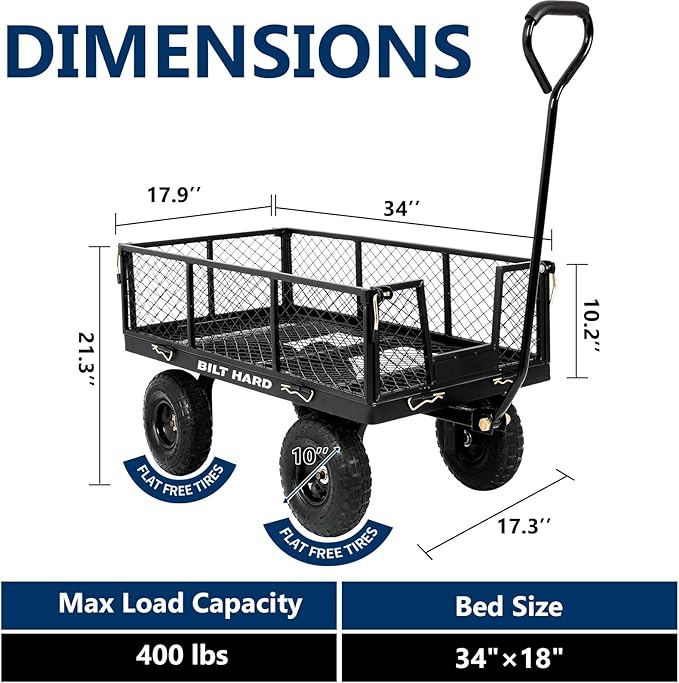 BILT HARD 400 lbs 10" Rubber Tires Steel Garden Cart with 180° Rotating Handle and Removable Sides, 4 Cu.Ft Capacity Utility Heavy Duty Garden Carts and Wagons