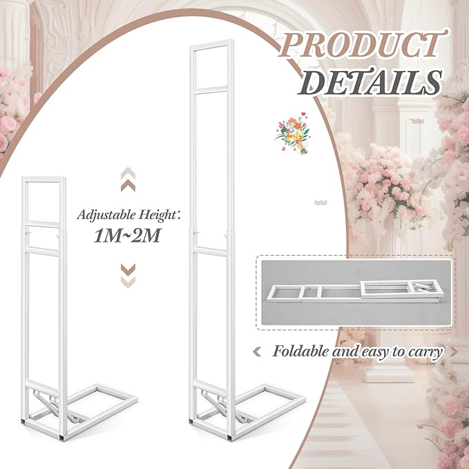 White Wedding Backdrop Stand Metal Balloon Arch Backdrop Stand with Foldable Base for Wedding Birthday Party Anniversary Decor, Adjustable Height(1-2m H) Installation Free(1 Pack)