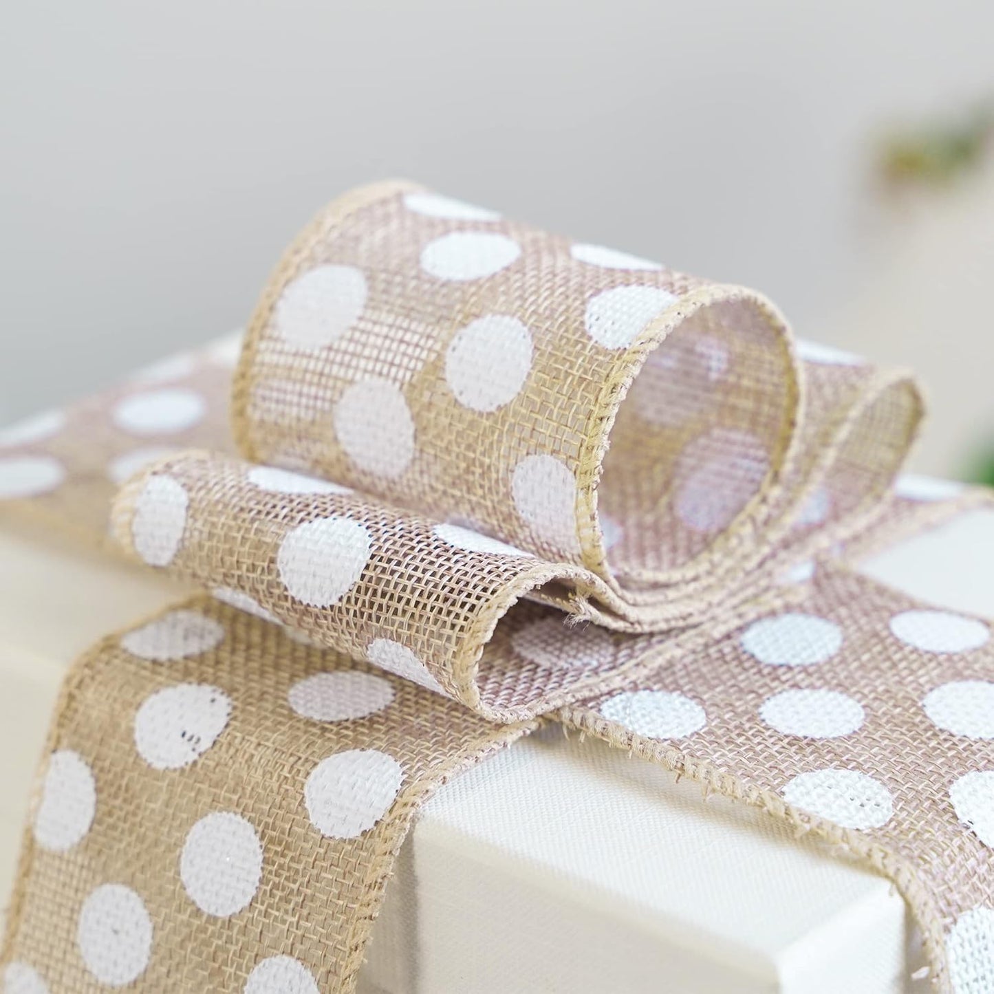 MEEDEE Burlap Ribbon with White Polka Dots - 2.5 Inch Natural Linen Wire Edge Craft Ribbon for Baby Shower, Beach, Farmhouse Gift Basket, 10 Yards