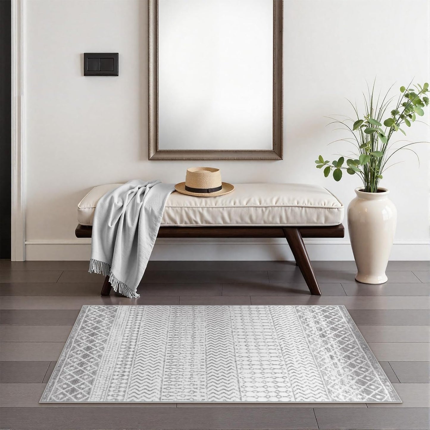 Moroccan Washable Area Rug, 2x4 Non-Slip Front Door Mat Indoor Entrance, Low-Pile Distressed Grey Rug Throw Rugs for Bedroom Kitchen Bathroom Laundry Room