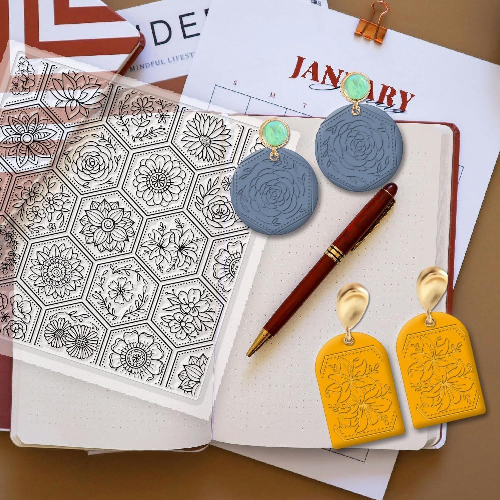 CHGCRAFT Flowers Boom Silicone Texture Stamp Clay Modeling Pattern Pad Texture Sheets for Polymer Clay Making Earrings Jewelry, 5.5x5.5inch