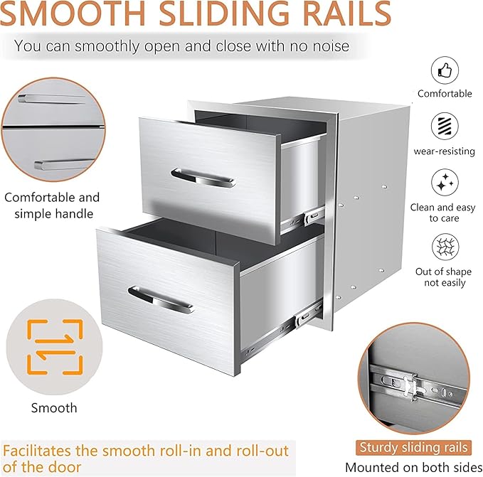 Outdoor Kitchen Drawers, Box Frame Style Flush Mount BBQ Drawer w/Stainless Steel Handle, BBQ Island Drawers For Patio Grill Station,Double Drawers