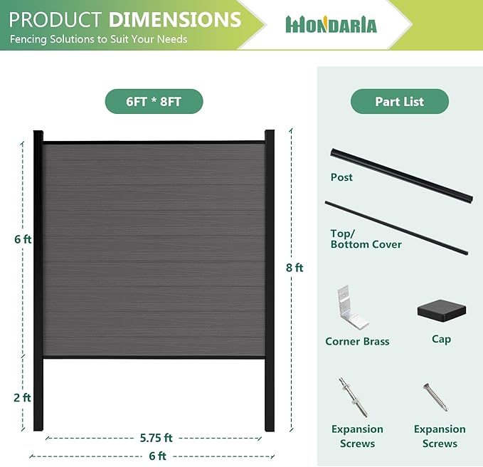 Mondaria Fence Privacy Screen with 8ft In-ground Posts, 6ft(H) x42ft(W) Wood Plastic Composite Fence Panels Weather-Resistant Outdoor Fence for Backyard/Garden (Silver Gray, 8 Posts)