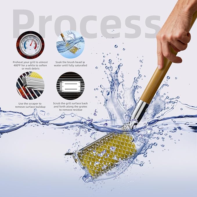 HOUSE AGAIN Grill Brush Bristle Free with Scraper, Safe Steam Cleaned Replaceable Head Fire Resistant Grill Cleaning Brush Strong Barbecue Brush Cleaner Non Wire for Outdoor Grill Grate/Wooden Handle