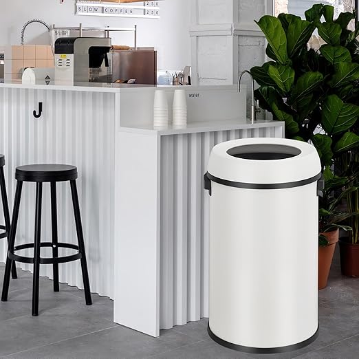 GarveeHome 17 gal/65 L Open Top Trash Can, Stainless Steel Rubbish Bin, Commercial Grade Waste Container, Round Garbage Can for Outdoor, Home Office, Restaurant, White