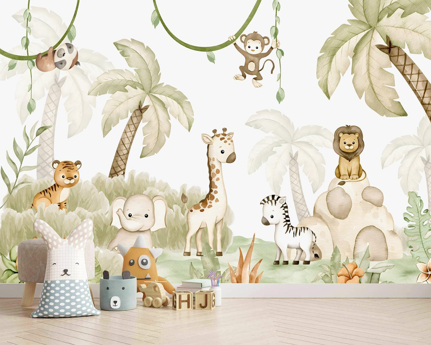 AFZEVEB-Safari Wallpaper Watercolor Animal Nursery Wall murals for Kids Room 114"x74"(Not Peel and Stick)