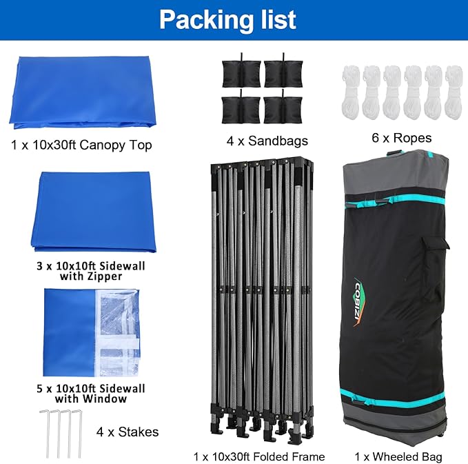 COBIZI 10x30 Pop up Canopy Tent 10x30 Canopy with Sidewall Waterproof Heavy Duty Commercial for Parties Outdoor Garden Gazebo Tent, Carry Bag with Wheel(10x30ft with Sidewalls,Blue)