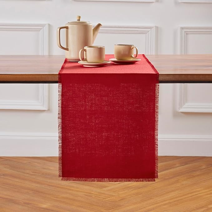 Solino Home Fringe Linen Table Runner 60 Inches - 100% Pure Linen Cherry Red Table Runner 14 x 60 Inch Ideal for Dresser and Coffee Tables - Valentines
