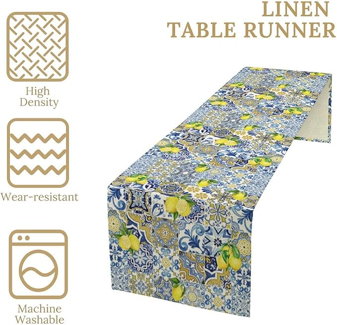 Farmhouse Rustic Lemon Table Runner,Vintage Morocco Blue Tiles Mediterranean Summer Fruit Print Table Runner for Kitchen Dining Table Home Party Decor 13x60in