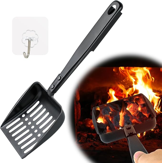 13 Inch Hollow Out Fireplace Ash Sifter Metal Black Coal Shovel Heat Resistant Scoop Charcoal Shovel Tools With Self-Adhesive Hook for Wood Stove Indoor Fire Pit