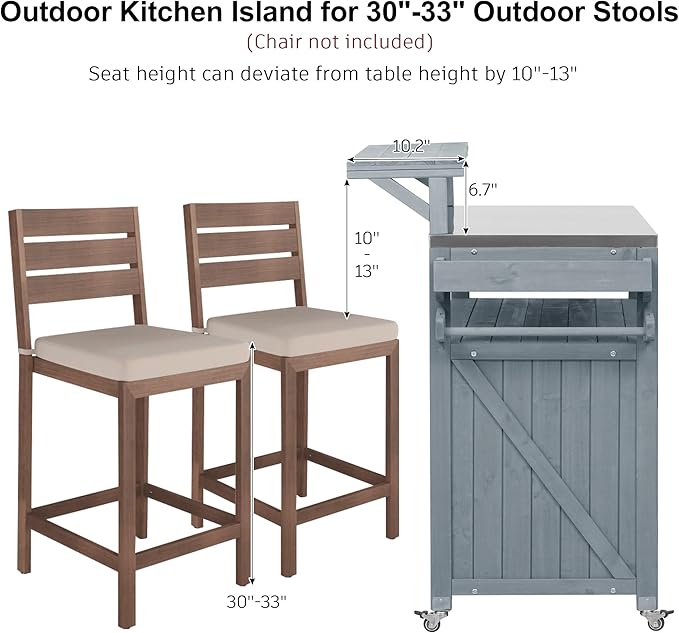 53.3" Outdoor Kitchen Island with Stainless Steel Top, Rolling Grill Cart with Adjustable Shelves, Raised Shelf, Lockable Wheels, Portable Outdoor Table and Bar Storage Cabinet for Patio
