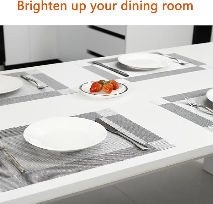 Placemats Set of 8 Washable&Wipeable Silver Place mats for Dining Table Kitchen Indoor Outdoor Table Mats Heat Resistant Non Slip Woven Vinyl Table Placemats (Grey，8PCS)