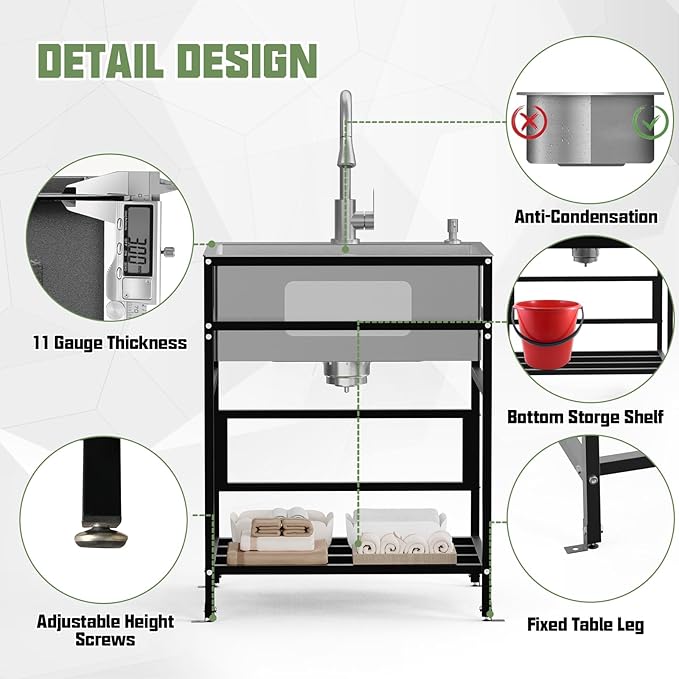 Utility Sink, 25x18 Inch Stainless Steel Freestanding Laundry Sink Practicality With Accessories-Kitchen Faucet,Soap Dispenser, SS Sink Grid, Colander For Laundry,Garage,Outdoor Kitchen,Garden...