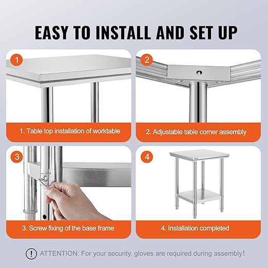 Vevor Stainless Steel 24 x 24 x 32 Inch Commercial Kitchen Prep & Work Table Heavy Duty Metal Work Table with Adjustable Feet for Restaurant, Home and Hotel : Industrial & Scientific