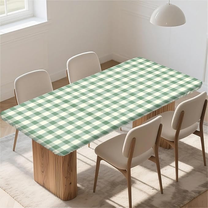 Rectangle Table Cloth Cover Waterproof Elastic Fitted Polyester Fitted Tablecloths for 4 Foot Tables for Indoor,Picnic, Camping, Outdoor （48" x 24"，Green Grid）