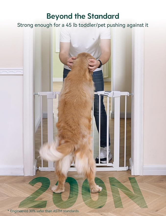 Babelio Metal Baby Gate, 29-48“ Auto Close Easy Install Pet Gate, Extra Wide Walk Thru Child Safety Gate, Pressure Mounted Dog Gate for Doorways & Stairs, with Y Spindle Rods, White