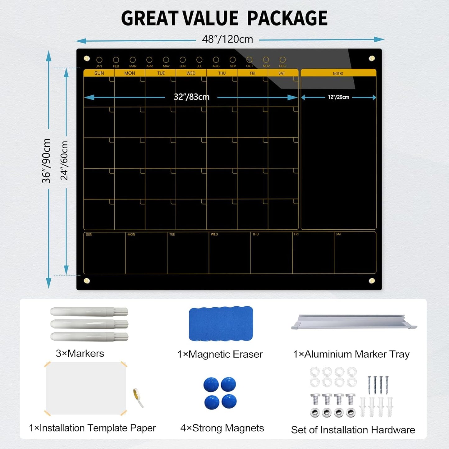 Magnetic Glass Blackboard Calendar 48"x36" Monthly Glass Dry Erase Board for Wall Planner GlassBlack Board Calender Wall Mounted for Office School Home(Black)