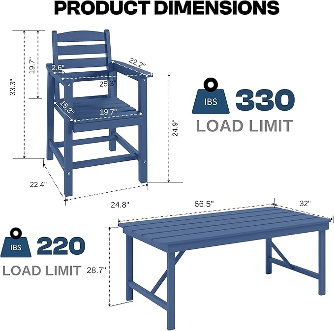 7 Piece Patio Dining Set with 11ft Patio Umbrella (Gray), 7 Navy Outdoor HDPE Dining Set with 6 Chairs + 1 Large Table with 2" Umbrella Hole, for Market, Pool, Garden, Backyard, Deck