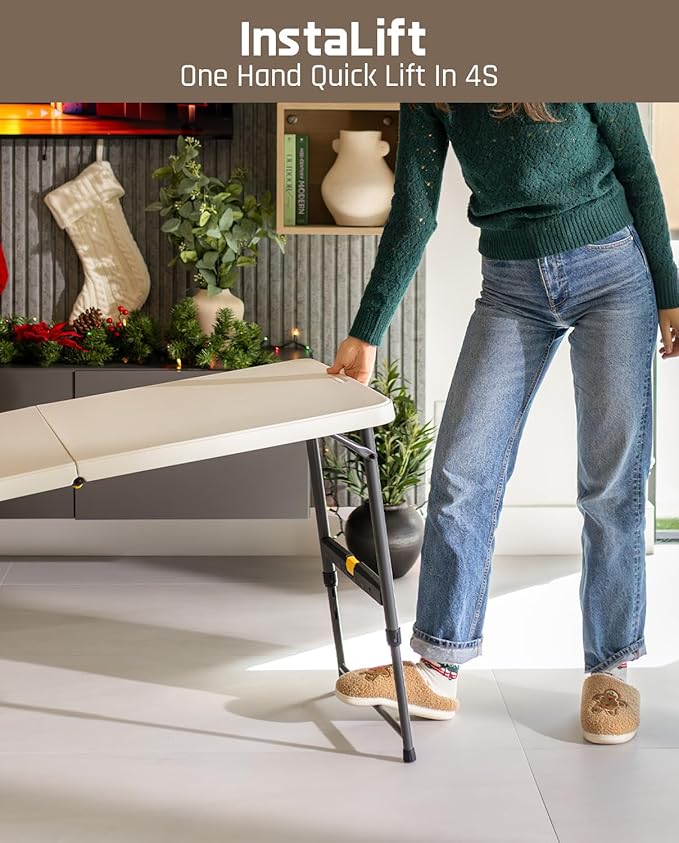 FanttikOutdoor 4ft Portable Folding Table, One-Handed Height Adjustment, 4 Heights, Gravity Lock, Carry Handle, Indoor Outdoor Heavy Duty Fold-in-Half Utility Table, Party, 1 Pack, White Zeta X4 Pro