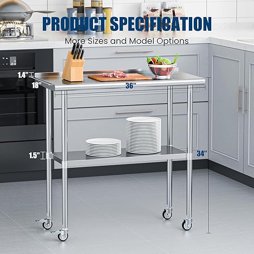 Stainless Steel Table with Wheels 18 x 36 Inches Metal Prep Table with Backsplash & Caster, Adjustable Undershelf for Commercial Kitchen, Outdoor, Restaurant, Hotel & Garage
