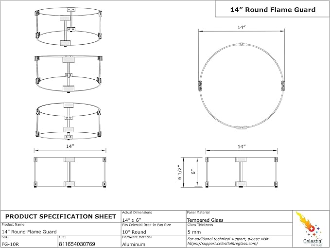 Celestial 14" x 6" Round Wind Guard, for Outdoor Gas Fire Pits