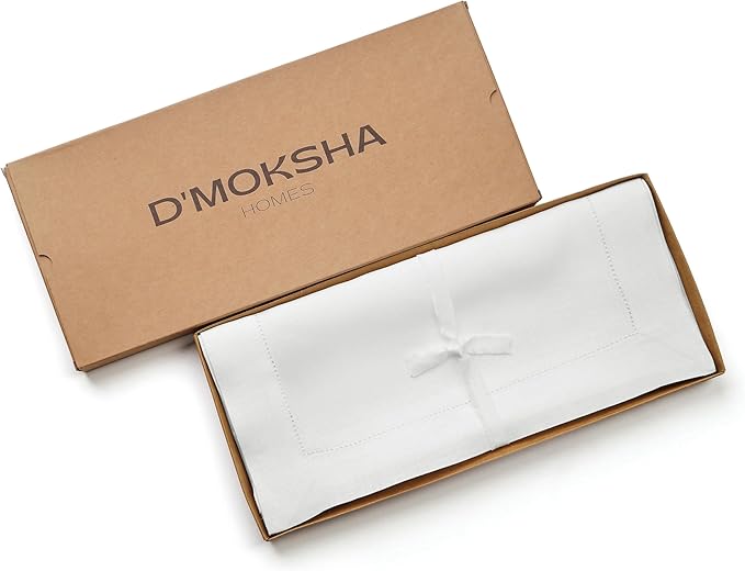 D'Moksha Homes Linen White Table Runner 144 Inches Long - 100% Pure Linen Extra Long Table Runner 14 x 144 Inch for Valentines, Spring, Easter - Classic Hemstitch