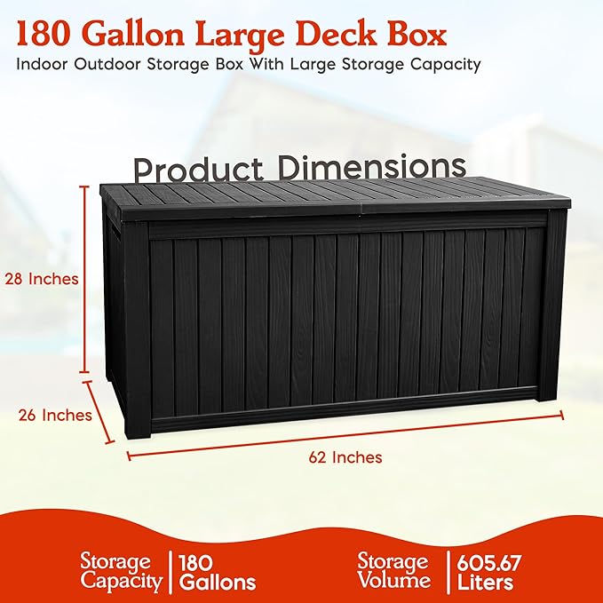 Waterproof Outdoor Resin Deck Box with Lockable Lid, Easy Assembly Features and Convenient Handles For Cushion, Pillows and other Patio Furniture (180 Gallon Black)