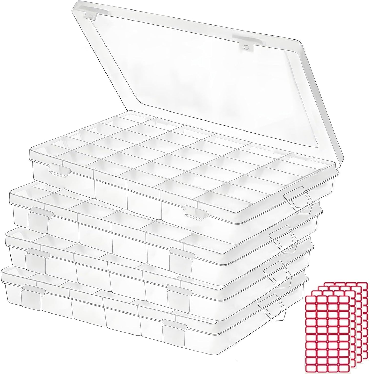 4pack 36 Grids Plastic Clear Organizer Box Bead Storage Containers with Adjustable Dividers for Craft Jewelry Fishing Tackles Parts Storage with 4 Sheets Label Stickers