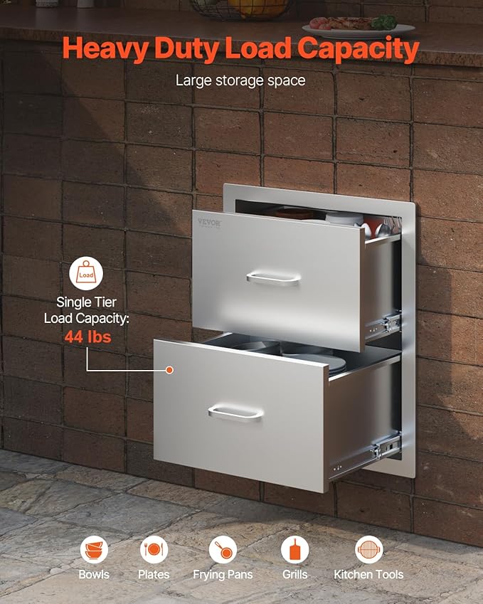 VEVOR Outdoor Kitchen Drawers, 17.8W x 20.2H x 12.2D Inch, Flush Mount Double BBQ Drawer, Stainless Steel BBQ Island with Handle, for Outdoor Kitchens or Patio Grill Station