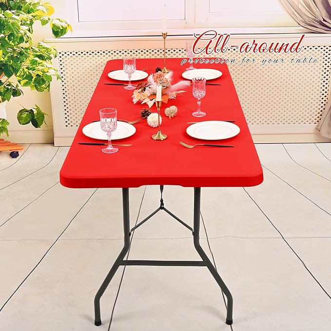 6 Pack Stretch Fabric Table Top Cap Cover, Red Table Covers fits 8Ft Tables, Washable Elastic Universal Rectangle Tablecloth Protector for Indoor Outdoor Party Picnic Wedding (30" W x 96" L)
