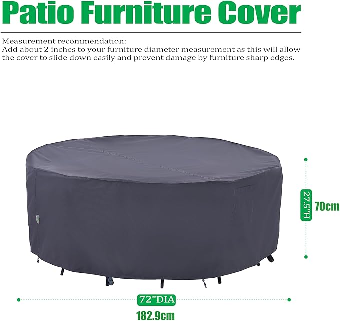 F&J Outdoors Outdoor Patio Furniture Covers, Waterproof UV Resistant Anti-Fading Cover for Medium Round Table Chairs Set, Grey, 72" Dia x 27.5" H