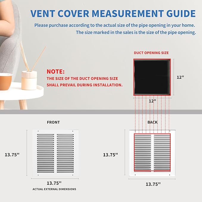 12x12 Return Air Grille (Duct Opening Size), Air Return Vent Cover, AC Vent Cover, Cold Air Return Vent Cover, Flat Return Air Grilles, Outer Dimensions:13.75"W x 13.75"H (12"W x 12"H, Duct Opening)