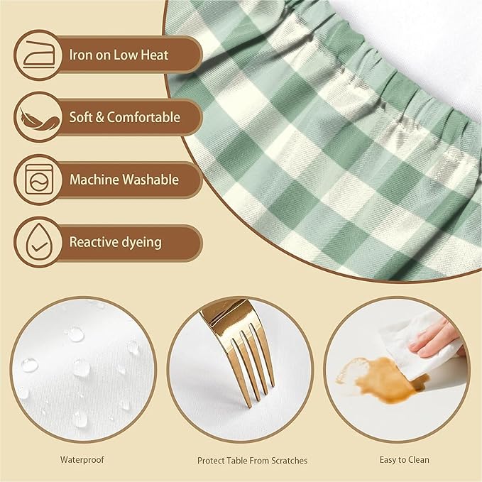 Rectangle Table Cloth Cover Waterproof Elastic Fitted Polyester Fitted Tablecloths for 8 Foot Tables for Indoor,Picnic, Camping, Outdoor （96" x 30"，Green Grid）