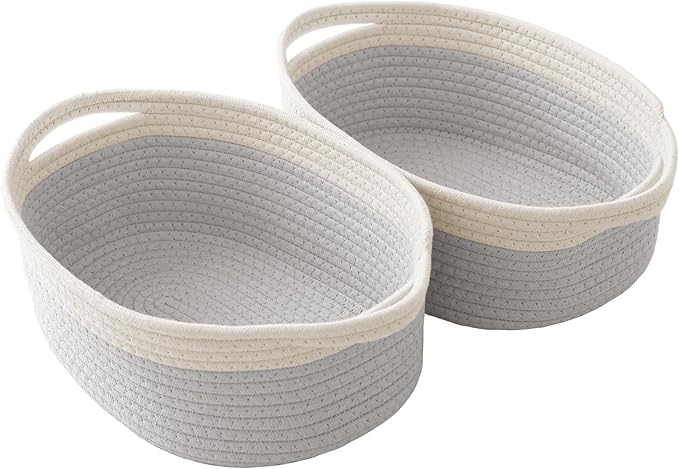 Woven Basket,Small Rope Storage Bin with Handles & Ribbon Bag, Organizer for Shelves Closets,Gift Basket Empty for Birthday,Books,Dog Toys, White&Grey/2 Pack