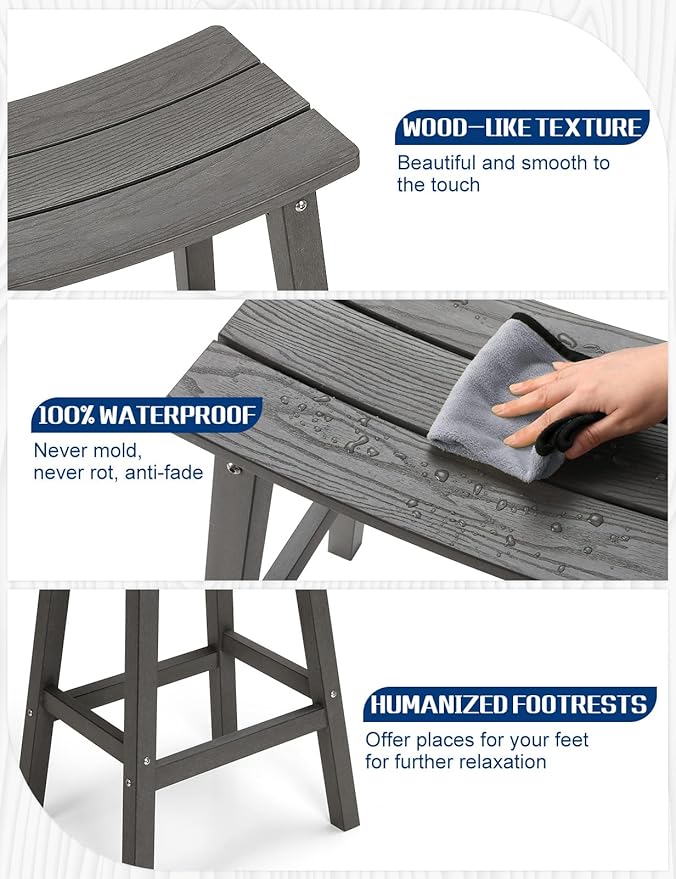 Weatherproof Bar Stools Set of 2, 28" Height Outdoor Bar Stools Holds up to 400 lbs, Saddle Seat, Bar Height Stools for Patio, Garden, and Kitchen Island, Gray