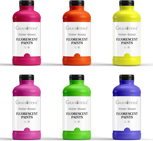 GRANOTONE Neon Fluorescent Acrylic Paint Set - 6 Colors, 16 oz Each | Glows in Black Light | Non-Toxic & Vibrant Paint | Ideal for Art, Crafts, Kids, & Hobbyists | Made in India