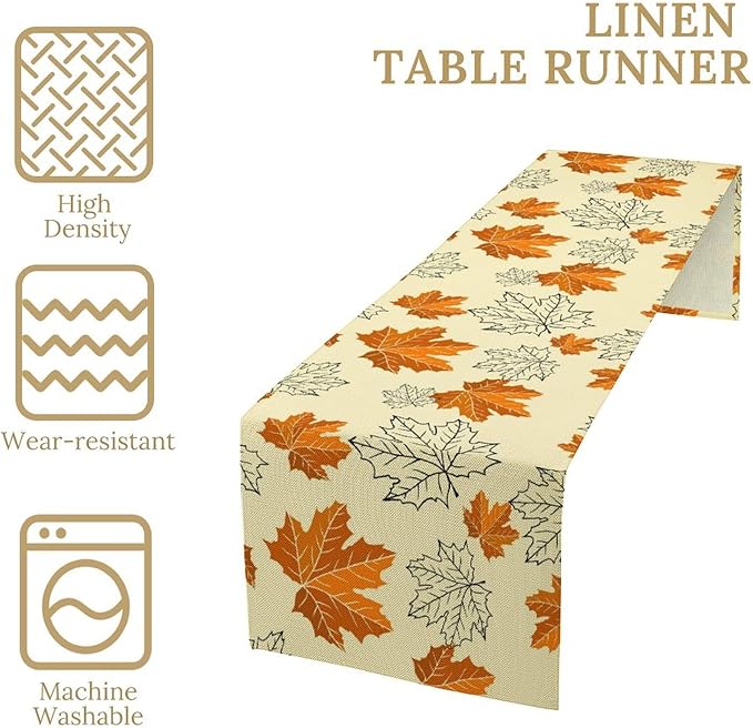 Fall Maple Leaves Table Runner, Rustic Vintage Autumn Orange Leaf Thanksgiving Farmhouse Kitchen Dinning Table for Indoor Outdoor Home Party, 13x70inch