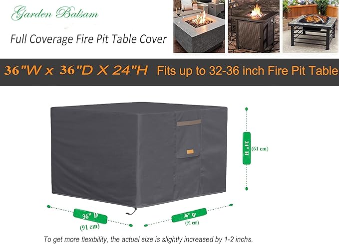 Fire Pit Cover 600D Heavy Duty Waterproof Fabric With PVC Coating Square 36" Wx 36" D x 24" H Dark Grey Fits for 32-36 Inch Fire Pit Table Fade Resistant Outdoor Firepit Cover