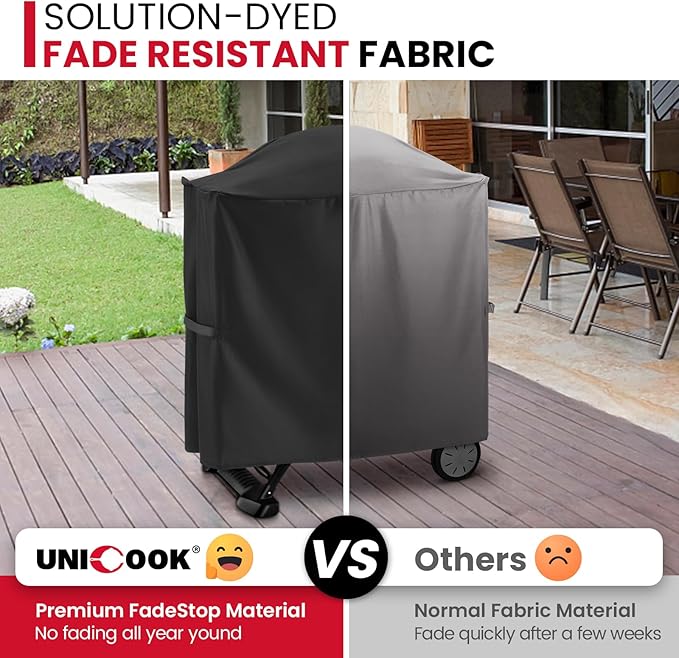 Unicook Grill Cover for Weber Q100/1000 Q200/2000 Series Grills on Portable Cart with Side Tables Folded Inside, Compared to Weber 7113, Heavy Duty Waterproof BBQ Cover, All Weather Protection