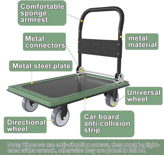 WUD Push Cart, Folding Mobile Platform Trolley,Thickened and Reinforced, 360° Swivel Wheels,30.3 “L x 19.7 ”W, 900 lb. Green Dolly cart with Wheels