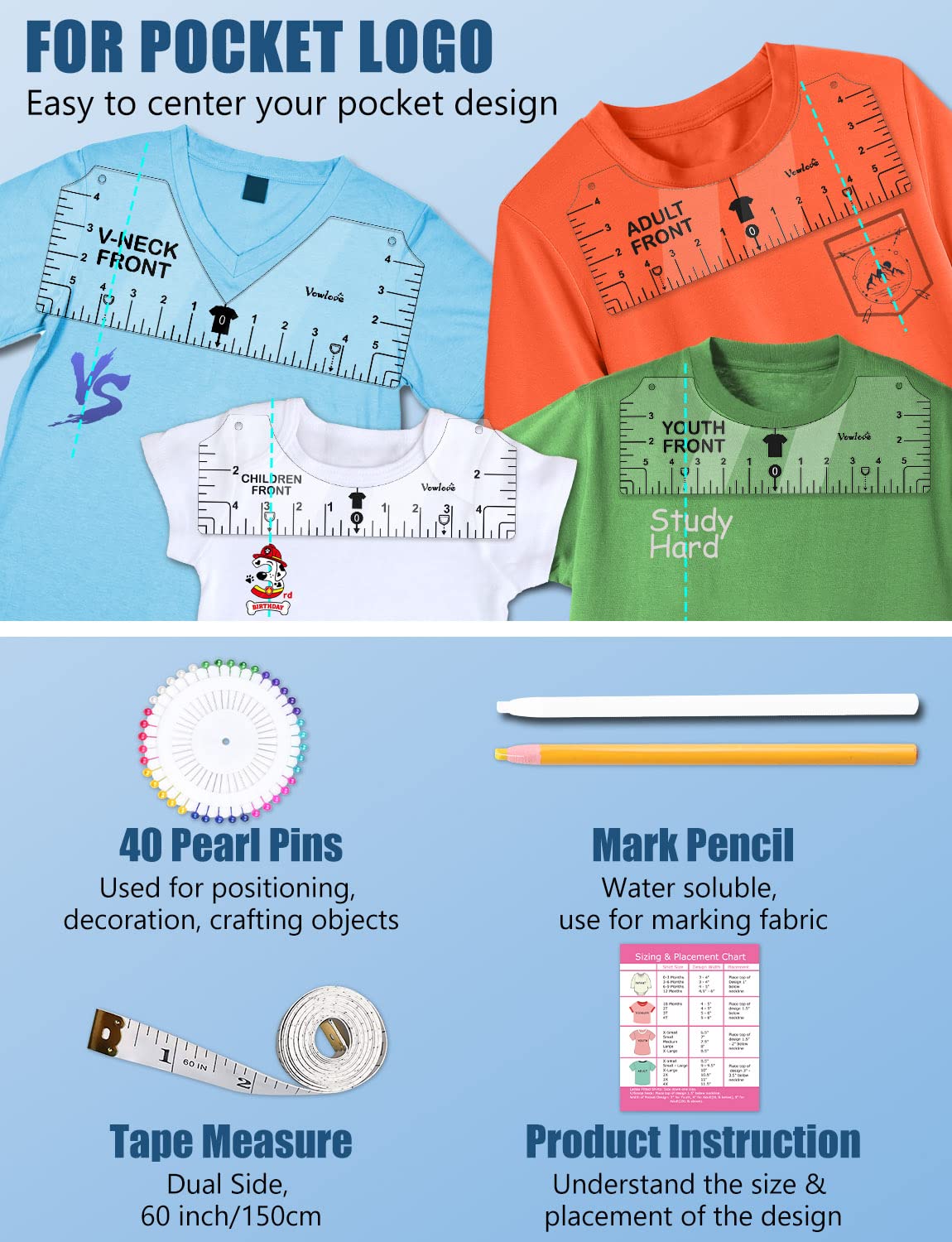 Vowlove Tshirt Ruler Guide Vinyl Alignment - T Shirt Measure Ruler Guide Shirt Measurement Centering Tool Heat Press Screen Printing Embroidery Accessories Sublimation Blanks Product V-Neck Front Back