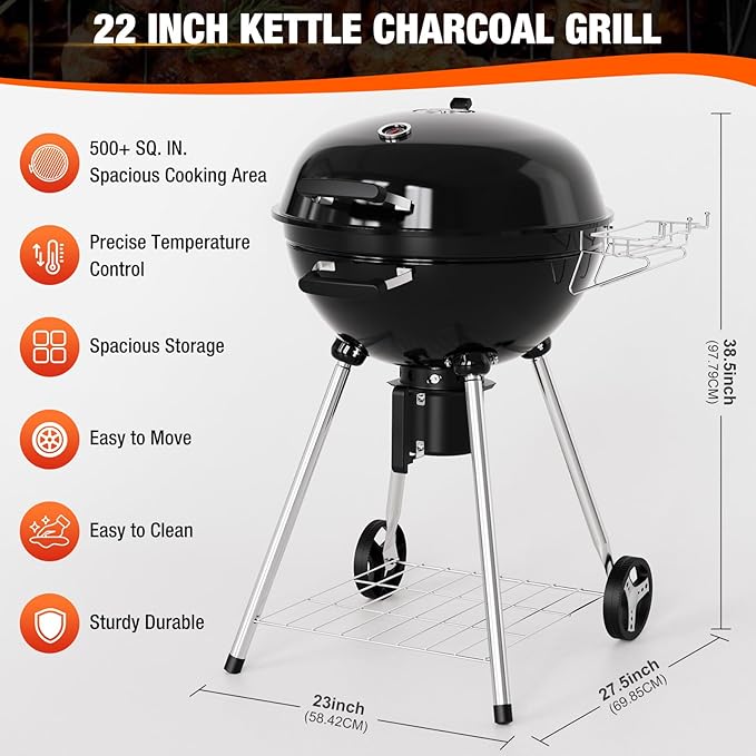 22 inch Premium Charcoal Grill, Kettle Barbecue and Smoker Grills 500+ Sq. In. Cooking Area for Outdoor BBQ, Tailgating and Patio, Black