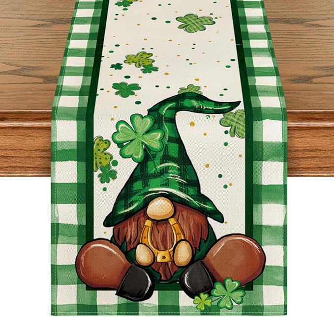Artoid Mode Shamrock Lucky Buffalo Plaid Gnomes St. Patrick's Day Table Runner, Kitchen Dining Table Decor for Outdoor Home Party Decor 13 x 60 Inch