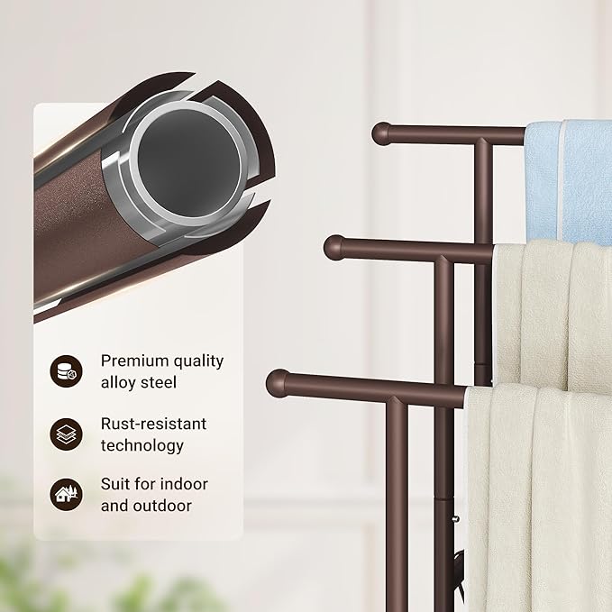ELYKEN 3 Tier Standing Towel Rack, 40'' Tall Towel Drying Rack Outdoor, Freestanding Floor Towel Rack with Shelf, Pool Towel Blanket Stand, Metal Towel Racks for Bathroom freestanding, Bronze