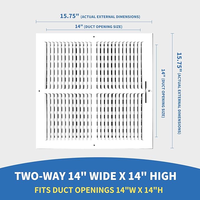 14x14 Vent Register [Duct Opening], Vent Covers for Home Ceiling, Two-Way Ventilation Register, Adjustable Solid Steel Wall Register Vent Cover (14"W x 14"H [Duct Opening])