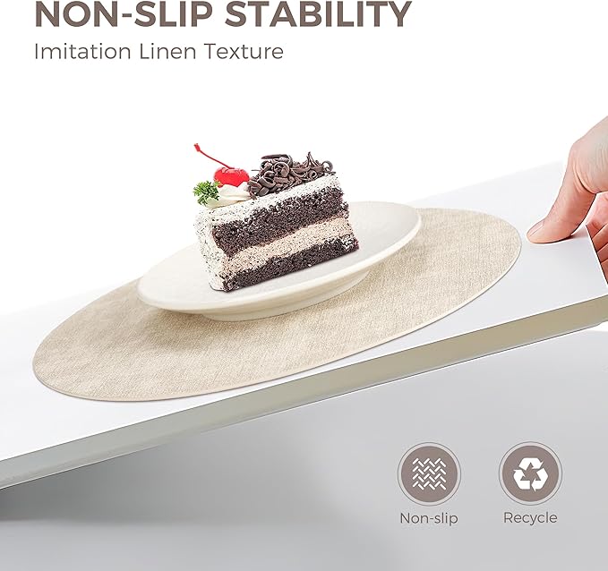 13" Round Placemats Set of 12, Reversible Faux Leather Heat Resistant Table Mats, 100% Waterproof Oilproof Wipeable Table Protective Placemats for Vinyl, Washable for Indoor (12, Beige)