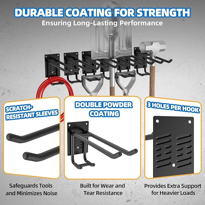 6 Pack Garage Hooks 10 INCH Heavy Duty Double-Layer Steel Shed Wall Mount Workshop Garage Storage Tool Organizer Hooks for Hanging Garden Tool, Hose, Ladder, Chairs, Bikes with Anti-Slip Coating