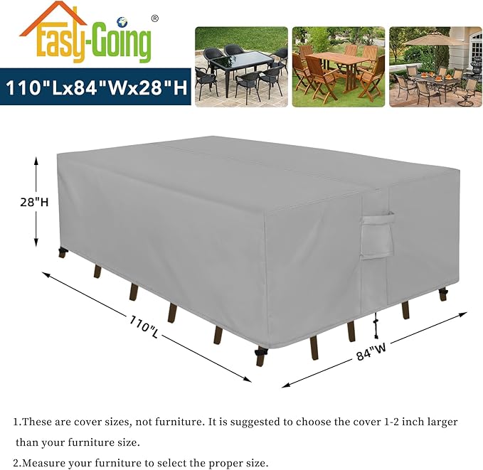 Easy-Going Rectangle Patio Furniture Cover Waterproof Outdoor Dining Table and Chair Cover Anti-UV Outside Sectional Sofa Set Covers (110"L x 84"W x 28"H, Grey)